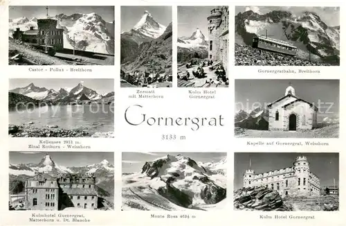 AK / Ansichtskarte Gornergrat_Zermatt_VS Castor Pollux Breithorn Matterhorn Kulm Hotel Gornergratbahn Kellensee Zinal Rothorn Weisshorn Kapelle Monte Rosa Kulm Hotel 