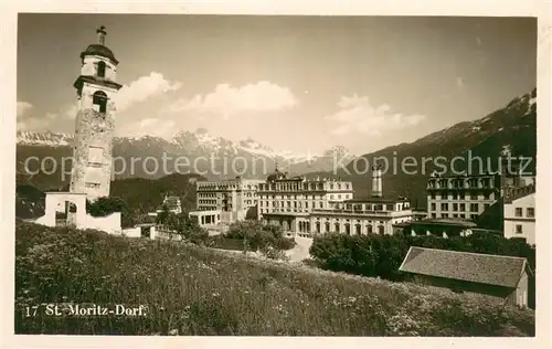 AK / Ansichtskarte St_Moritz_Dorf_GR Panorama mit Kirche St_Moritz_Dorf_GR