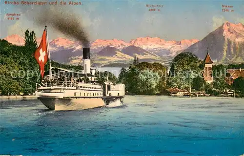AK / Ansichtskarte Scherzligen_BE Kirche Scherzligen u. Alpen 