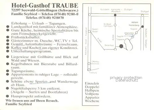 AK / Ansichtskarte Goettelfingen_Seewald_Schwarzwald Hotel Gasthof Traube Restaurant Kegelbahn Tagungsraum Nagoldtalsperre Goettelfingen_Seewald