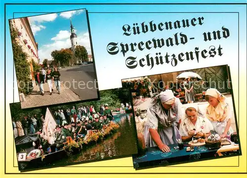 AK / Ansichtskarte Luebbenau_Spreewald Schuetzenfest Kahnfahrt Tradition Trachten Kirche Luebbenau Spreewald