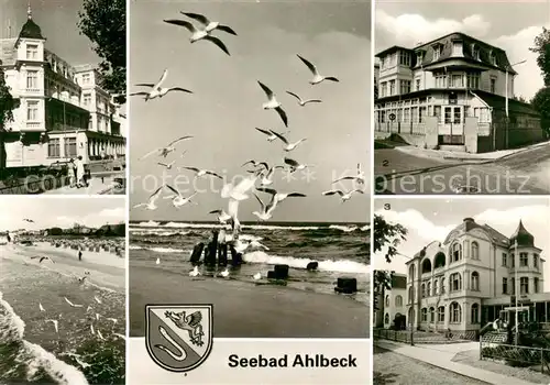 AK / Ansichtskarte Ahlbeck_Ostseebad FDGB Erholungsheime Bernhard Goering Strandschloss und Max Kreuziger Strandpartie Ahlbeck_Ostseebad