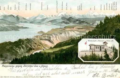 AK / Ansichtskarte Zuerichsee_ZH Seepanorama und die Alpen mit Wirthschaft zum Albishorn Zuerichsee ZH