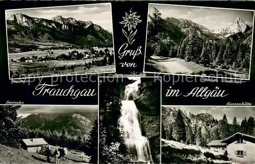 AK / Ansichtskarte Trauchgau Gesamtansicht mit Alpenpanorama Landschaft Bergbauer Wasserfall Trauchgau
