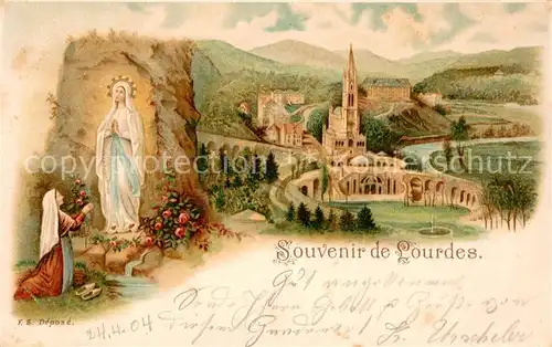 AK / Ansichtskarte Lourdes_Hautes_Pyrenees Marienfigur Grotte Wallfahrtskirche Litho Lourdes_Hautes_Pyrenees