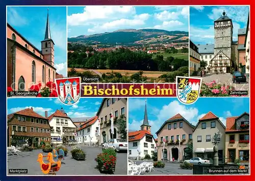 AK / Ansichtskarte Bischofsheim_Rhoen Kirche Marktplatz Zehntturm Brunnen Wappen Bischofsheim Rhoen
