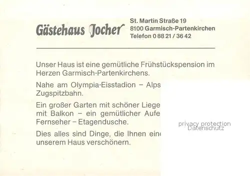AK / Ansichtskarte Garmisch Partenkirchen Gaestehaus Jocher Informations Karte Garmisch Partenkirchen