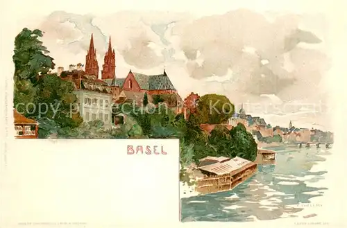 AK / Ansichtskarte Basel_BS Rheinpartie mit Kirche Kuenstlerkarte Basel_BS