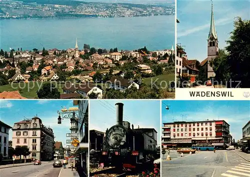 AK / Ansichtskarte Waedenswil_Waedensweil_ZH Fliegeraufnahme Kirche Strassenpartie Dampflok 