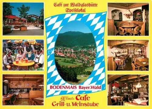 AK / Ansichtskarte Bodenmais Cafe zur Waldglashuette Speiselokal Gastraeume Terrasse Panorama Bodenmais