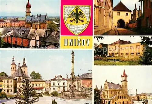 AK / Ansichtskarte Unicov_Maehrisch Neustadt_CZ Farni kostel a barokni sousosi jedno z nejkrasnejsich u nas Medlovska brana Zavodni klub Unicovskych strojiren Vystavno radnicni budova dnes sidlo MestNV 