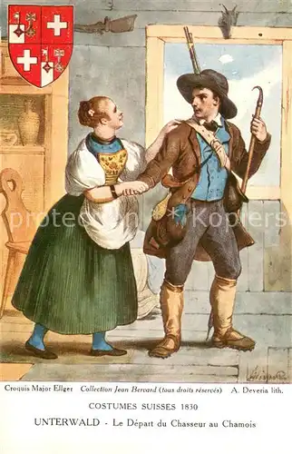 AK / Ansichtskarte Unterwalden_Nidwalden_Kanton Costumes Suisses 1830 Le Depart du Chasseur au Chamois Unterwalden_Nidwalden