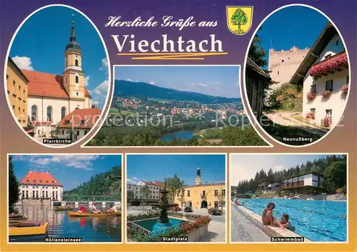 AK / Ansichtskarte Viechtach_Bayerischer_Wald Pfarrkirche Panorama Neunussberg Burgruine Hoellensteinsee Stadtplatz Schwimmbad Viechtach_Bayerischer