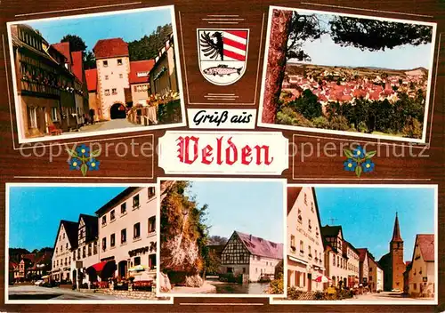 AK / Ansichtskarte Velden_Mittelfranken Motive Innenstadt Stadttor Kirche Panorama Wappen Velden Mittelfranken