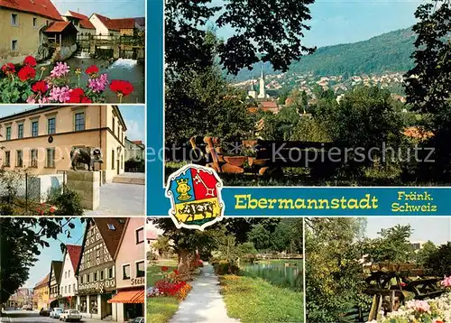 AK / Ansichtskarte Ebermannstadt Wiesent Wehr Hauptstrasse Innenstadt Parkanlagen Schoepfrad Stadtpanorama Ebermannstadt