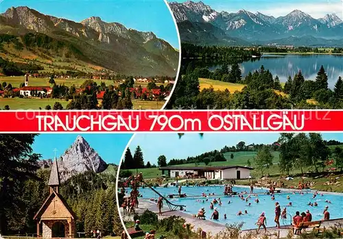 AK / Ansichtskarte Trauchgau Gesamtansicht mit Alpenpanorama See Freibad Kapelle Trauchgau