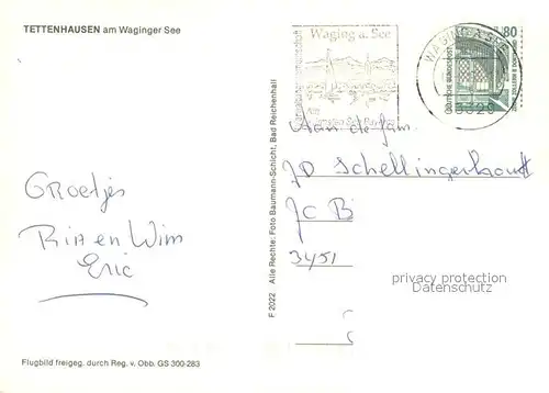 AK / Ansichtskarte Tettenhausen Waginger See Fliegeraufnahme Gasthof Kirche Badestrand Windsurfen Tettenhausen