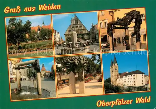 AK / Ansichtskarte Weiden_Oberpfalz Motive Ortszentrum Marktplatz Brunnen Plastik Kirche Weiden Oberpfalz