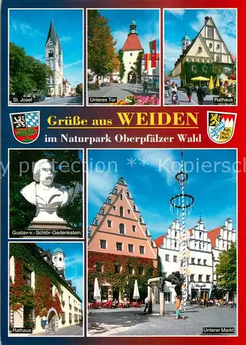 AK / Ansichtskarte Weiden_Oberpfalz St. Josef Kirche Unteres Tor Rathaus Gustav von Schloer Gedenkstein Bueste Rathaus Unterer Markt Giebelhaeuser Maibaum Weiden Oberpfalz