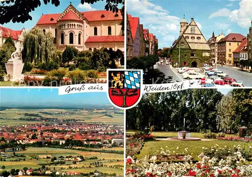 AK / Ansichtskarte Weiden_Oberpfalz Parkanlagen Kirche Innenstadt Panorama Luftbild Wappen Weiden Oberpfalz