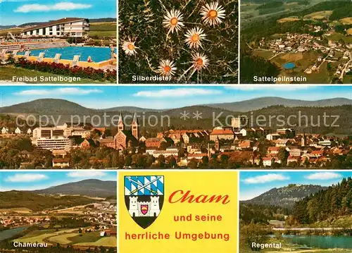 AK / Ansichtskarte Cham_Oberpfalz Freibad Silberdistel Stadtpanorama Regental Sattelpeilnstein Chamerau Luftbild Cham Oberpfalz