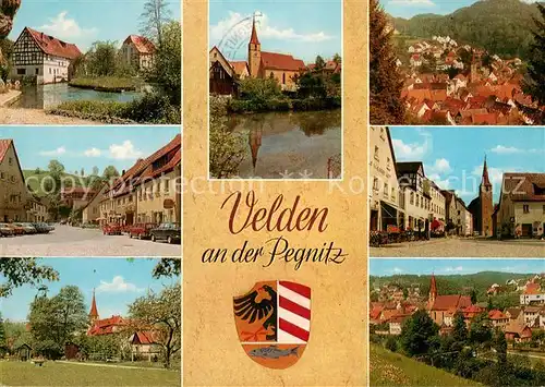 AK / Ansichtskarte Velden_Mittelfranken Partie an der Pegnitz Kirche Hauptstrasse Innenstadt Wappen Velden Mittelfranken