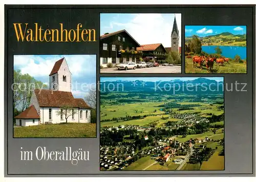 AK / Ansichtskarte Waltenhofen_Allgaeu Kirche Viehweide Kuehe See Fliegeraufnahme Waltenhofen Allgaeu