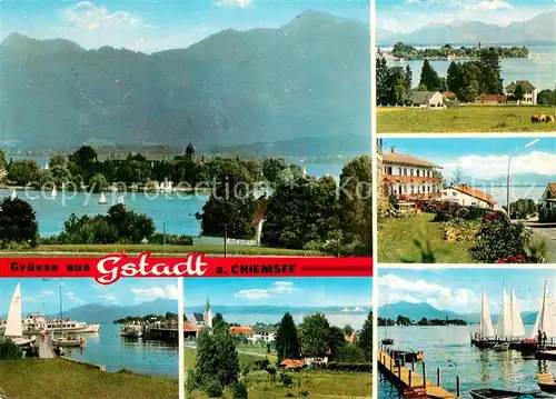 AK / Ansichtskarte Gstadt_Chiemsee Teilansichten Seglerhafen Fahrgastschiff Frauenchiemsee Alpen Gstadt_Chiemsee