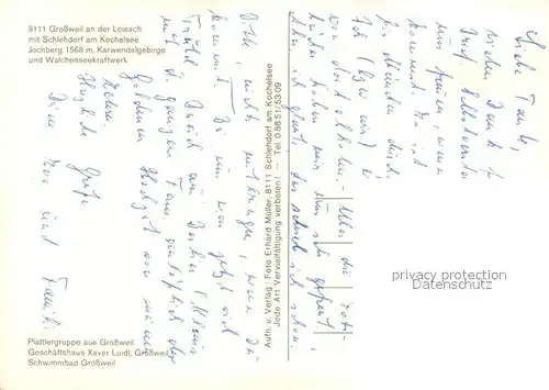 AK / Ansichtskarte Grossweil Panorama mit Schlehdorf am Kochelsee Jochberg Karwendelgebirge Walchenseekraftwerk Plattlergruppe Trachten Geschaeftshaus Schwimmbad Grossweil