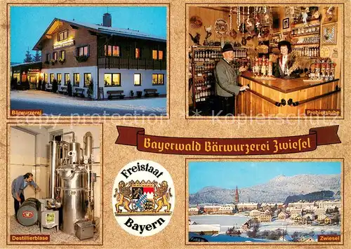 AK / Ansichtskarte Zwiesel__Niederbayern Baerwurzerei Probierstube Destillierblase Panorama 