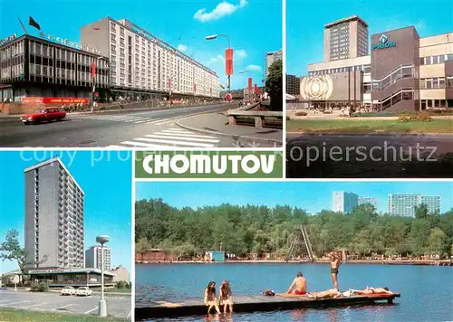 AK / Ansichtskarte Chomutov_CZ Ulice Rijnove revoluce Prior Vyskovy dum VTZ s restauraci Merkur Kamencove jezero 