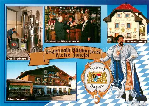 AK / Ansichtskarte Zwiesel__Niederbayern Bayerwald Baerwurzerei Hieke Zwiesel Destillierblase Kostenlose Baerwurzprobe Filmvorfuehrung Buero Verkauf 