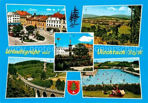 AK / Ansichtskarte Viechtach_Bayerischer_Wald Stadtplatz Brunnen Panorama Ostmarkstrasse mit Pfahl Schwimmbad Viechtach_Bayerischer