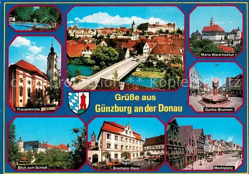 AK / Ansichtskarte Guenzburg Freibad Frauenkirche Schloss Stadtpanorama Bruecke Maria Ward Institut Brunnen Marktplatz Brentano Haus Guenzburg