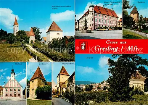 AK / Ansichtskarte Greding Kirche Wehrtuerme Schloss Tuerme Stadtmauer Teilansicht mittelalterliche Stadt Greding