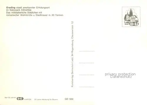 AK / Ansichtskarte Greding Kirche Wehrtuerme Schloss Tuerme Stadtmauer Teilansicht mittelalterliche Stadt Greding