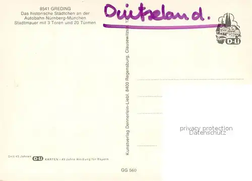 AK / Ansichtskarte Greding Historische Stadt Stadtmauer Tuerme Stadttore Marktplatz Brunnen Panorama Greding
