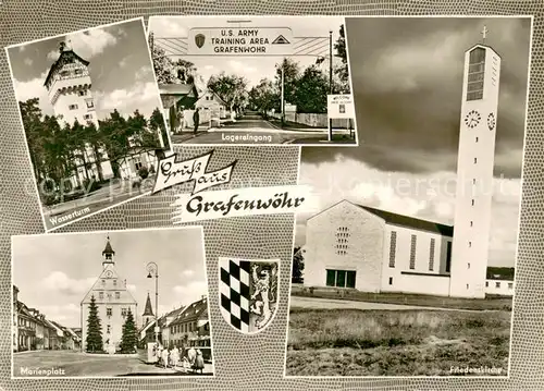 AK / Ansichtskarte Grafenwoehr Wasserturm Truppenuebungsplatz Lagereingang Friedenskirche Marienplatz Grafenwoehr