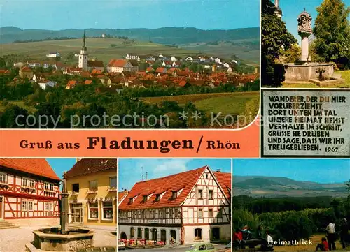 AK / Ansichtskarte Fladungen Stadtpanorama Brunnen Ortszentrum Fachwerkhaus Heimatblick Landschaft Fladungen