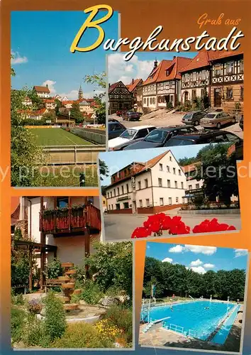 AK / Ansichtskarte Burgkunstadt Ortsmotive Sportplatz Brunnen Freibad Hotel Gasthof Drei Kronen Burgkunstadt