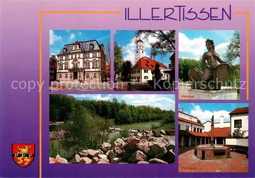 AK / Ansichtskarte Illertissen Rathaus Kirche Illernixe Pfarrheim Brunnen Partie am Fluss Illertissen