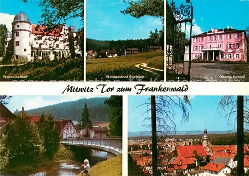 AK / Ansichtskarte Mitwitz Wasserschloss Waldgasthof Baechlein Oberes Schloss Partie am Bach Blick zur Kirche Mitwitz