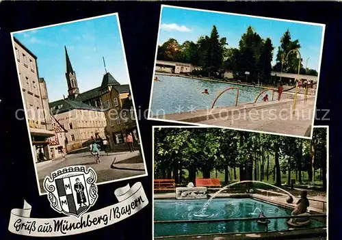 AK / Ansichtskarte Muenchberg_Oberfranken Motiv Stadtzentrum Kirchturm Freibad Parkanlagen Teich Muenchberg Oberfranken
