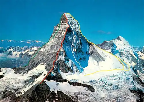 AK / Ansichtskarte Matterhorn_Mont_Cervin_4478m_VS Gesamtansicht Routen 