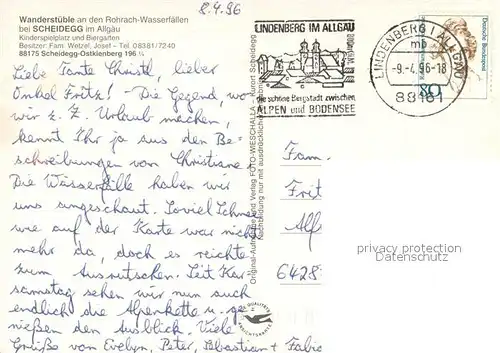 AK / Ansichtskarte Scheidegg_Allgaeu Wanderstueble Rohrach Wasserfaelle Winter Schnee Scheidegg Allgaeu