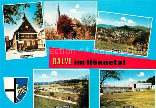 AK / Ansichtskarte Balve Glockenspiel St Blasius Kirche Blick vom Wachtloh Schulzentrum Hallenbad Balve