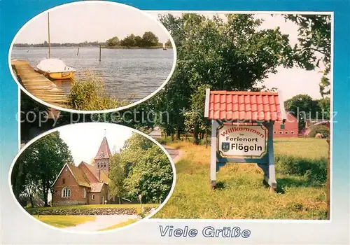 AK / Ansichtskarte Floegeln Bootssteg Kirche Willkommensschild Floegeln