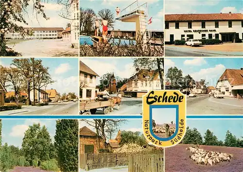 AK / Ansichtskarte Eschede Schule Freibad Hotel Deutsches Haus Strassenpartien Naturpark Suedheide Schafherde Eschede