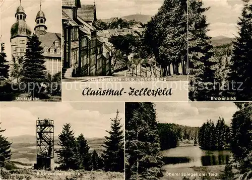 AK / Ansichtskarte Clausthal Zellerfeld Marktkirche Osteroederstrasse mit Bocksberg Brockenblick Schalkeblick Spiegeltaler Teich Clausthal Zellerfeld