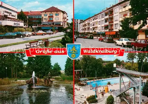 AK / Ansichtskarte Waldkraiburg Strassenpartien Park Teich Freibad Waldkraiburg